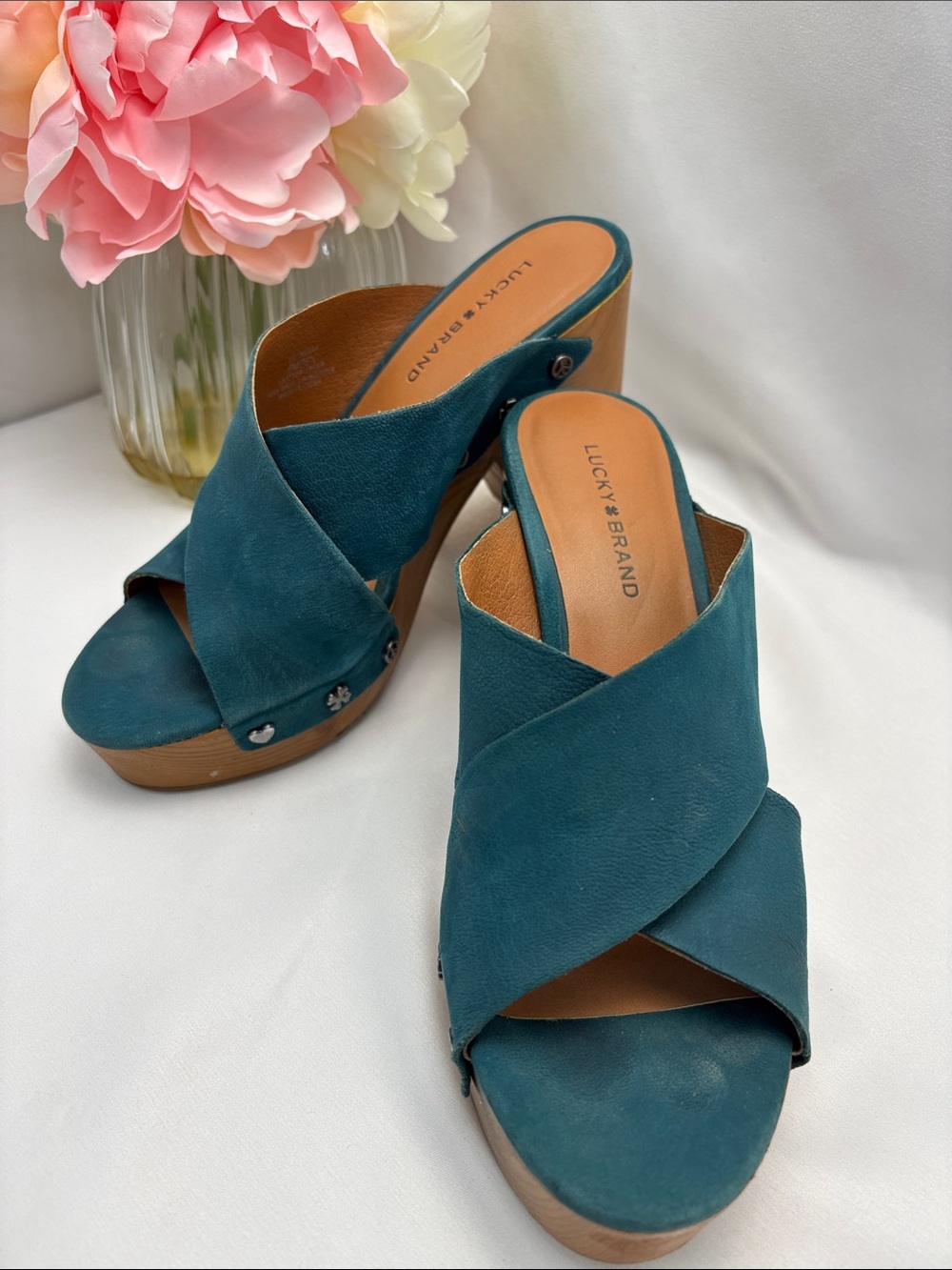 Lucky Brand Women’s 6 Teal Crisscross Leather Platform Mules #355 - Picture 4 of 12
